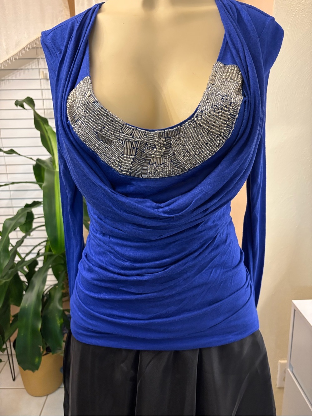 Baby Phat jeweled Royal Blue Draped Cowl Long-Sleeve Top with Open Back